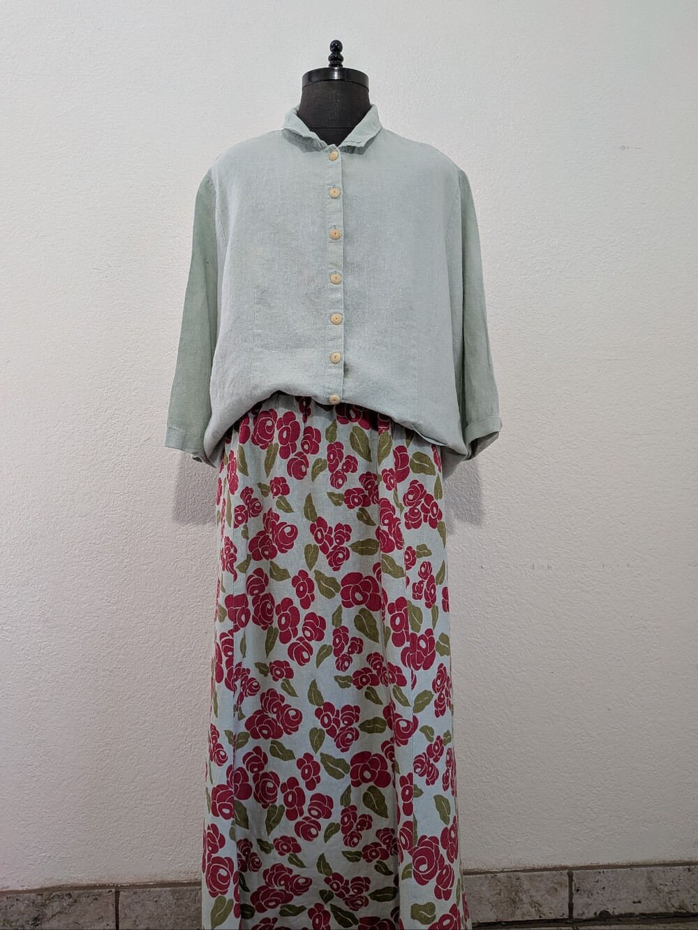 Flax Linen Mint & Rose Print Maxi Skirt Two Piece Set Size Size 3XL